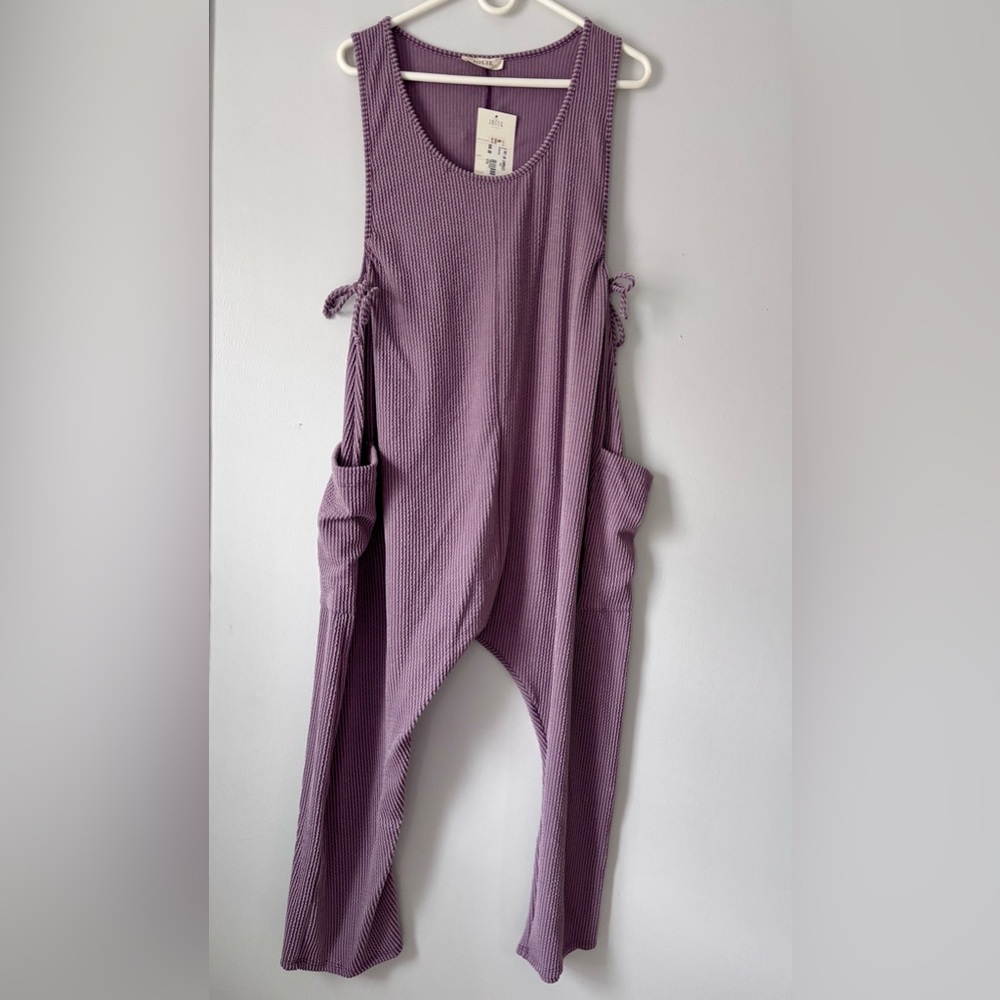 NWT Jolie Size Small Lavender Jumpsuit Urban Ribbed Oversized Baggy Bows Pockets
